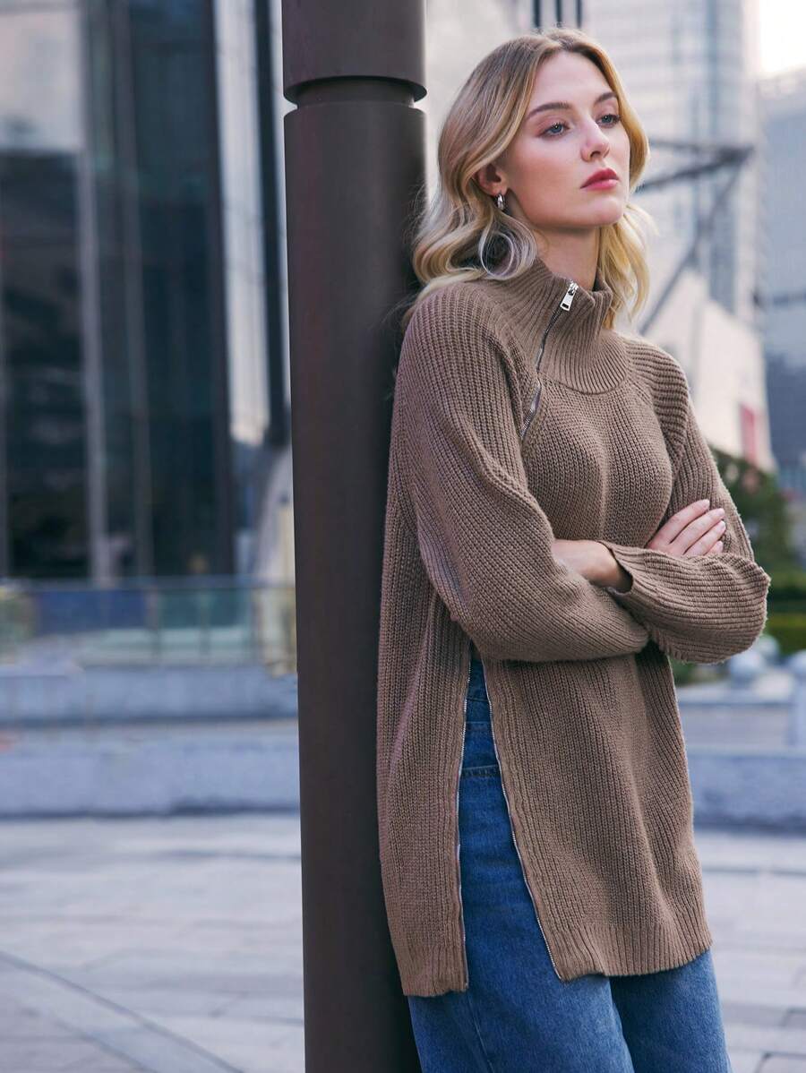 BizChic Pull col roulé pour femme, pull fashion à manches longues couleur café, tenue de bureau pour femmes, printemps/été