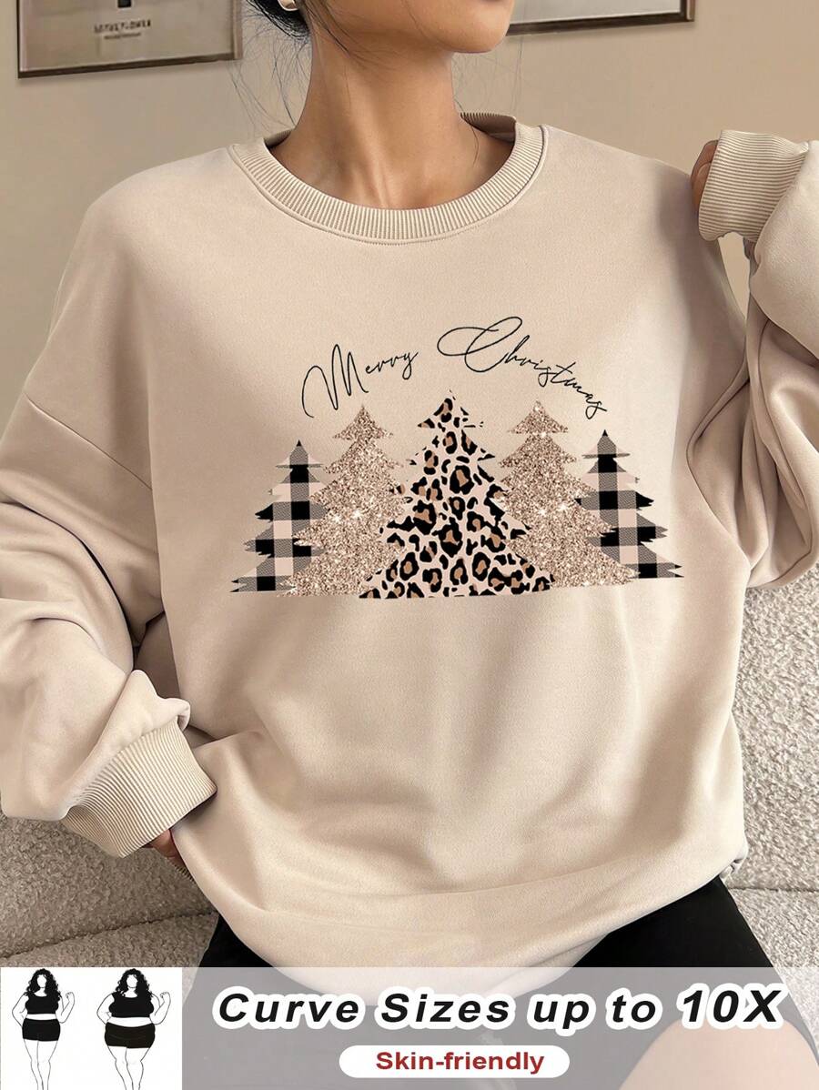 SHEIN CURVE+ Plus Size Women Casual Leopard Print Christmas Tree & Slogan Graphic Loose Crew Neck Long Sleeve Sweatshirt, Suitable For Christmas, Fall And Winter