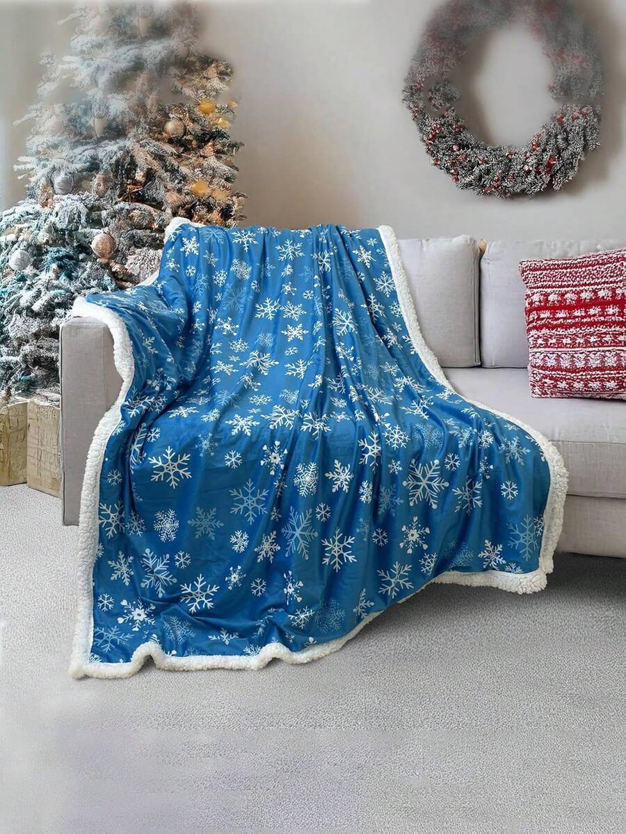 1pc Christmas Sherpa Blanket, Blue Snowflake Pattern - Soft Fluffy Fleece Blanket, Warm Furry Christmas Decor, Cozy Holiday Cabin Sofa Throw, Winter