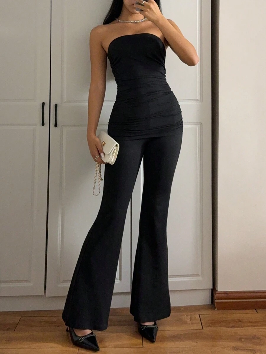 INAWLY Set de 2 piezas para mujer con top bandeau sin mangas de unicolor y pantalones largos, conjunto elegante