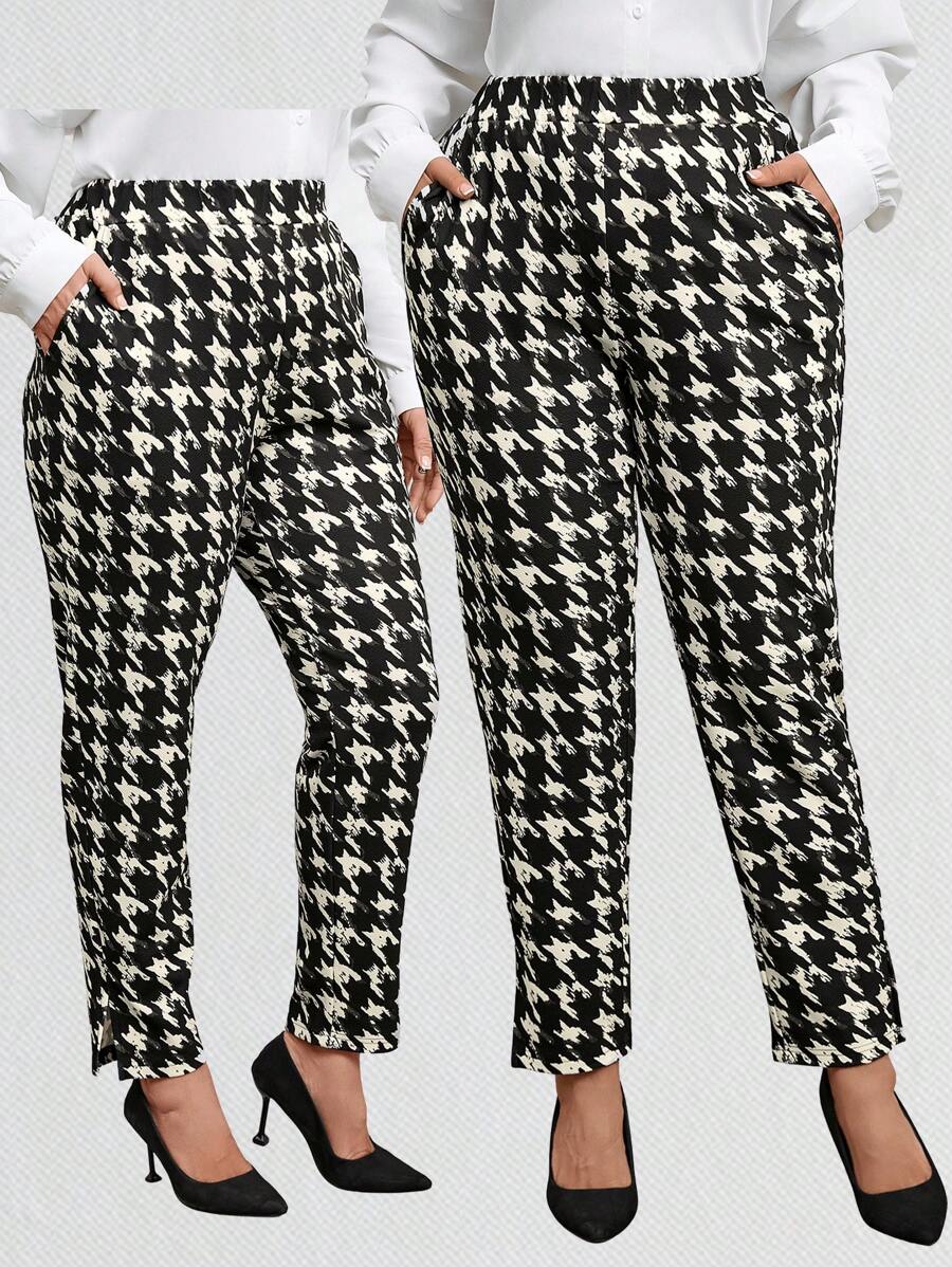 EMERY ROSE Plus Size Winter Women's Casual Commuter Houndstooth Print Tapered Pants,Elegant For Women
