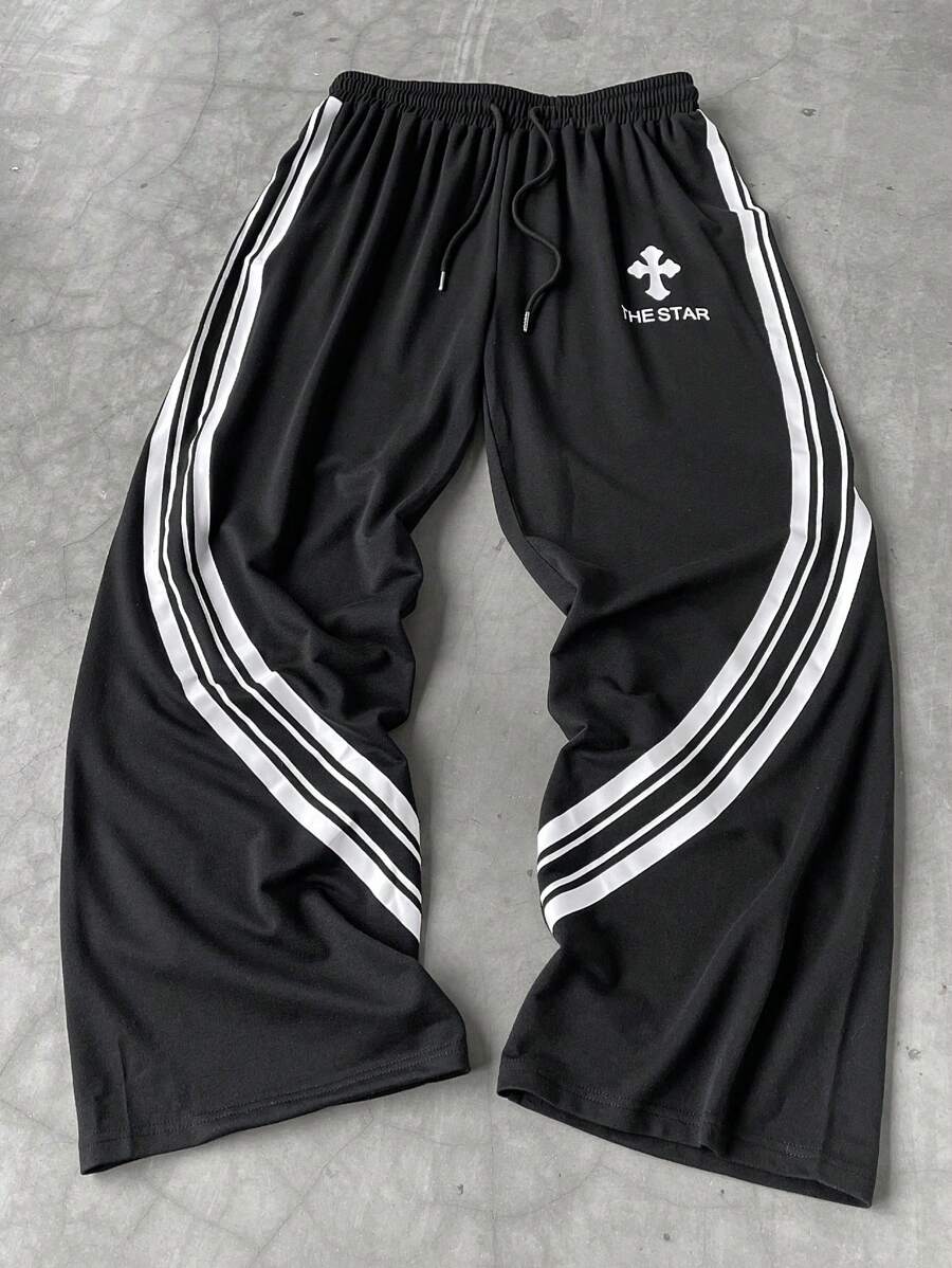 Manfinity EMRG Pantalones de chándal casuales para hombre con unicolor, parches, cordón delantero y estampado gráfico de letras, para ir de vuelta a la escuela, ideal como regalo para el esposo o novio