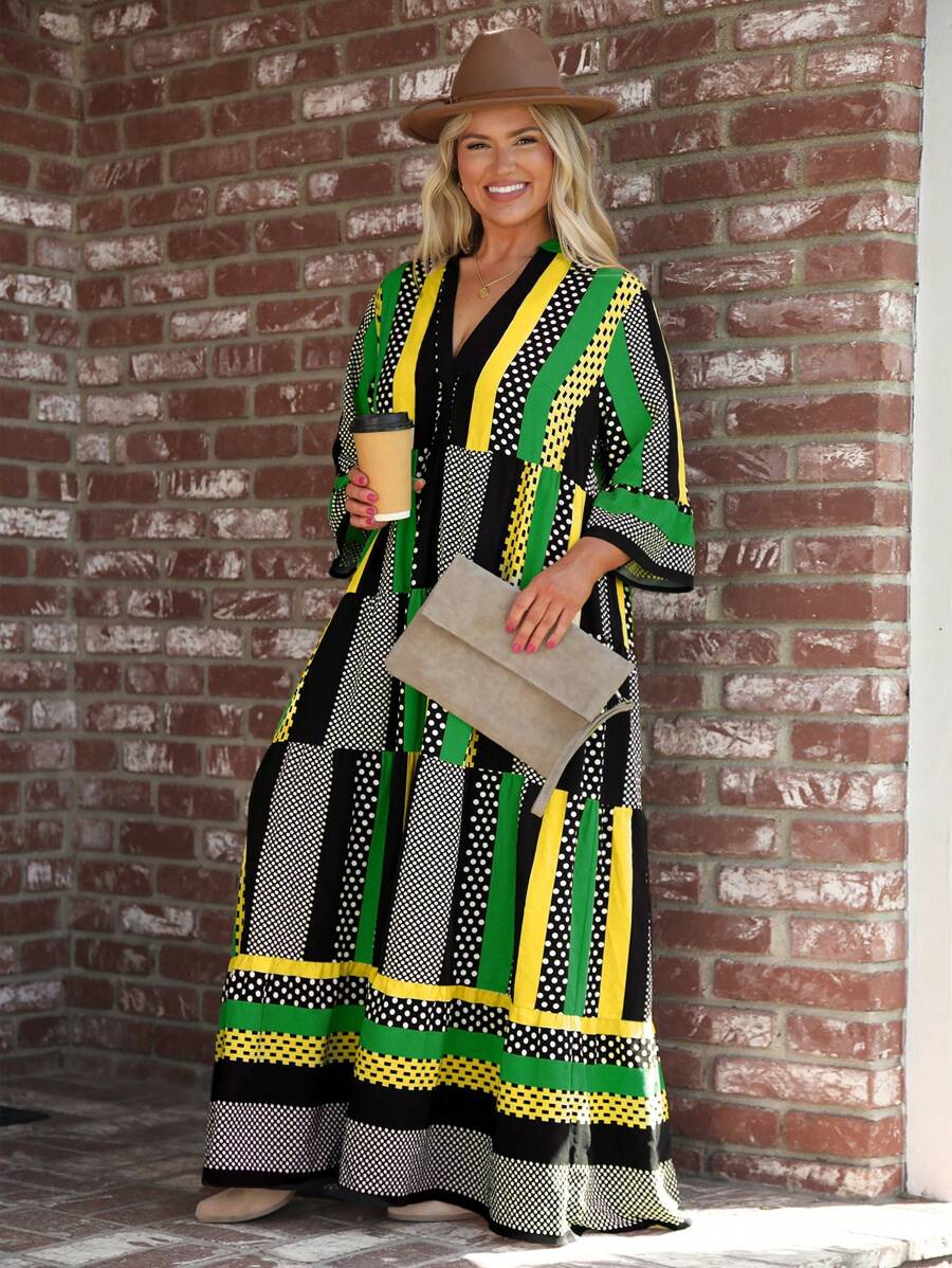 SHEIN LUNE Plus Size Women V-Neck 3/4 Sleeve Dot & Striped Print Casual Long Loose Dress