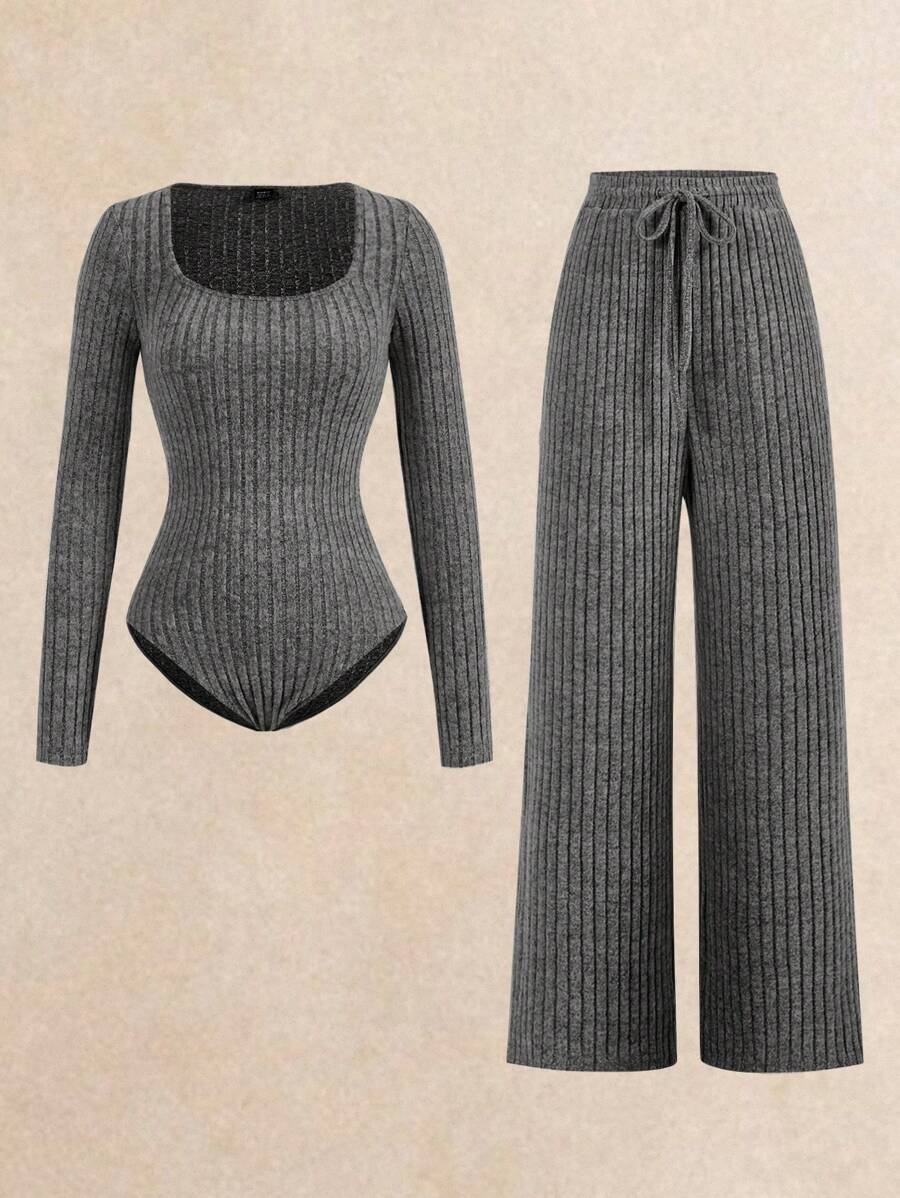 SHEIN Frenchy Set de 2 piezas de body acanalado gris y pantalones, conjunto de entrenamiento cómodo, chándal, estilo informal, body de manga larga y pantalones de pierna ancha, esenciales básicos de otoño e invierno, pantalones holgados, manga larga, ropa de invierno