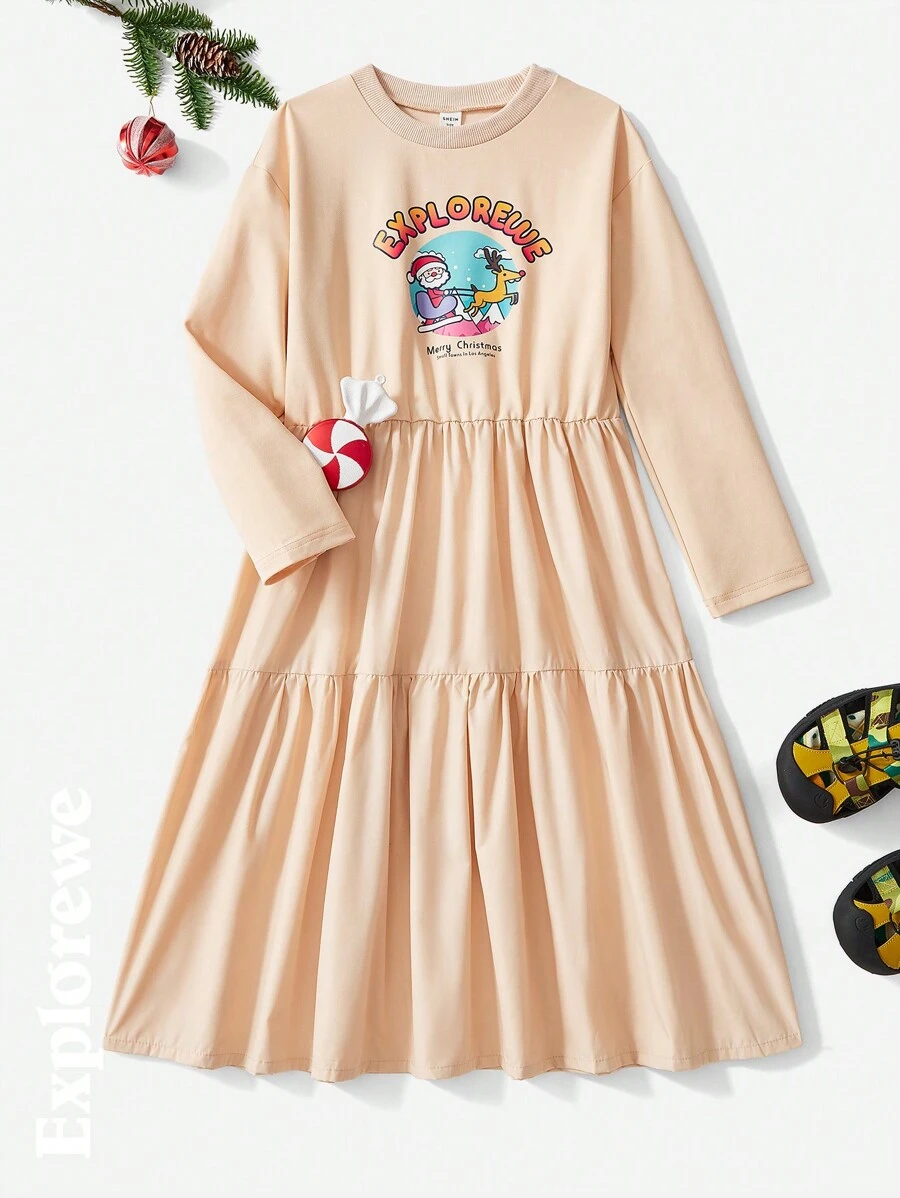 SHEIN 1pc Tween Girls Christmas Cartoon Printed Dress, Spring Autumn, Casual City Style Mid-Length Dress For Christmas, Casual Outings And Home Wear