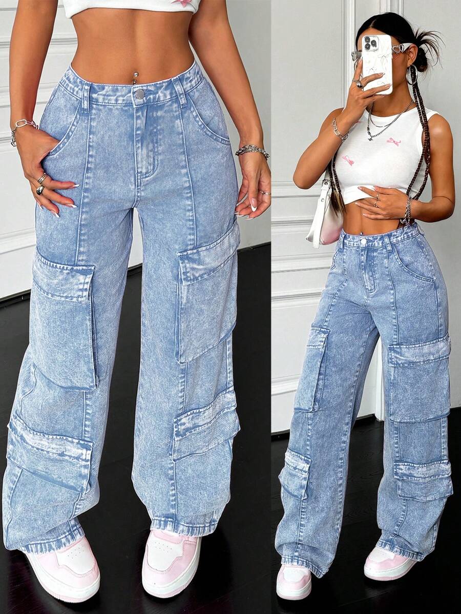 SHEIN PETITE Jeans anchos y amplios de algodón para mujer, con diseño sexy, pantalones cargo para mujer, pantalones color rosa intenso, pantalones para homecoming, jeans anchos, jeans anchos para mujer, jeans de tiro bajo