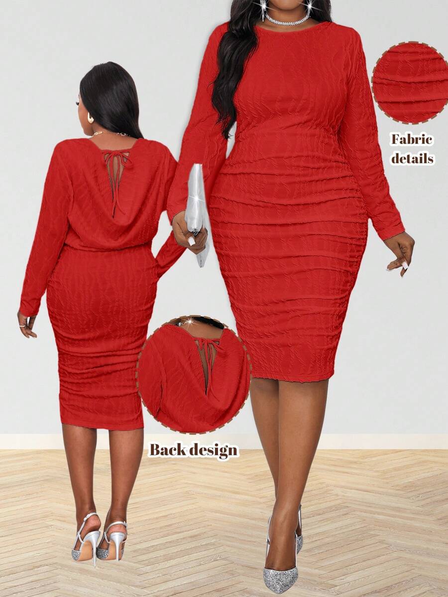 SHEIN Lady Spring And Summer Autumn And Winter Elegant Knitted Off The Shoulder Pencil Midi Drawstring Long Sleeve Plus Size Dresses