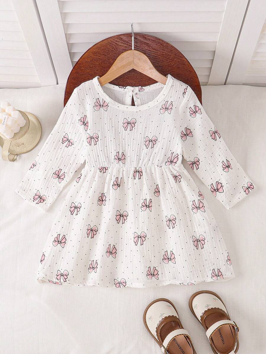 Baby Girls Butterfly Print Round Neck Long Sleeve Casual Dress For Autumn