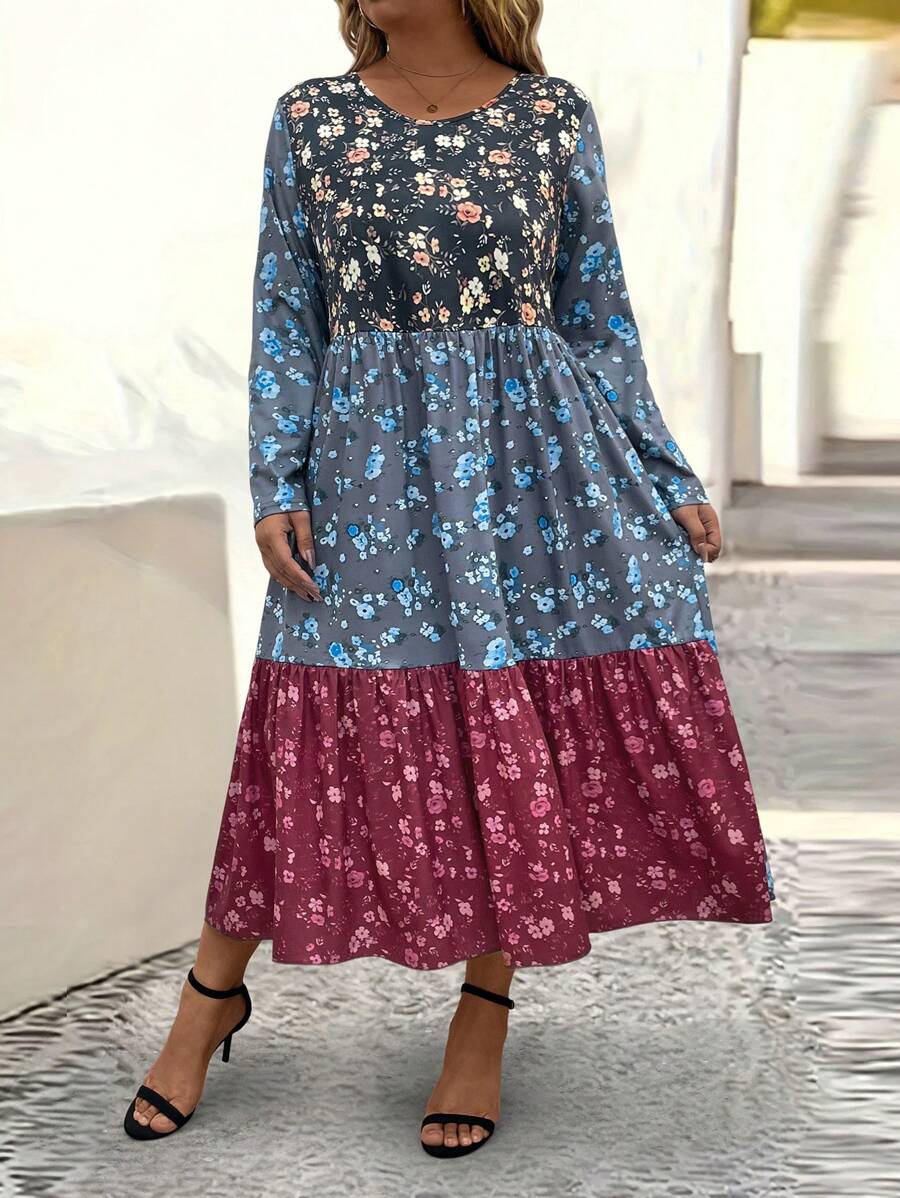 Plus Size V-Neck Long Sleeve Pleated Floral Print Patchwork Casual Dress