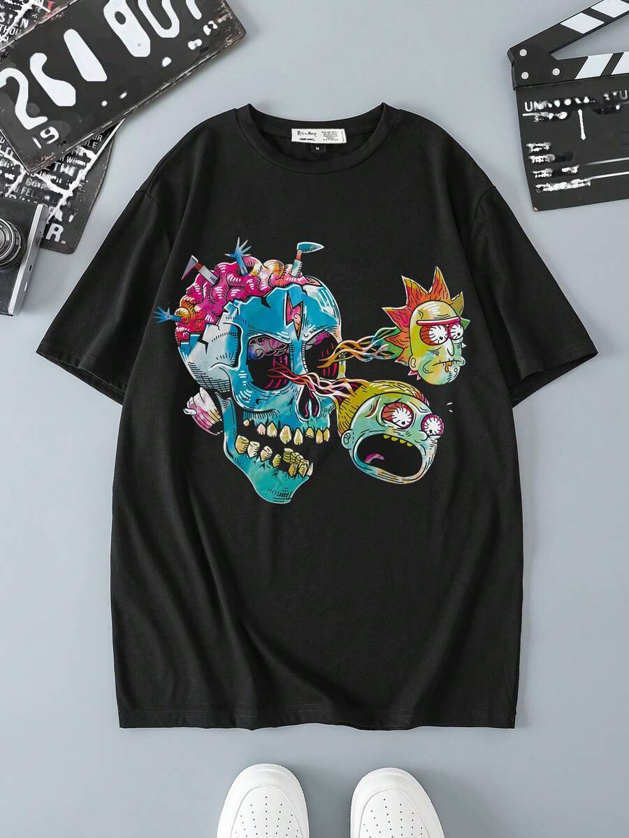 Rick and Morty X SHEIN Men's Casual Funny Cartoon Print Black Short Sleeve T-Shirt, Summer