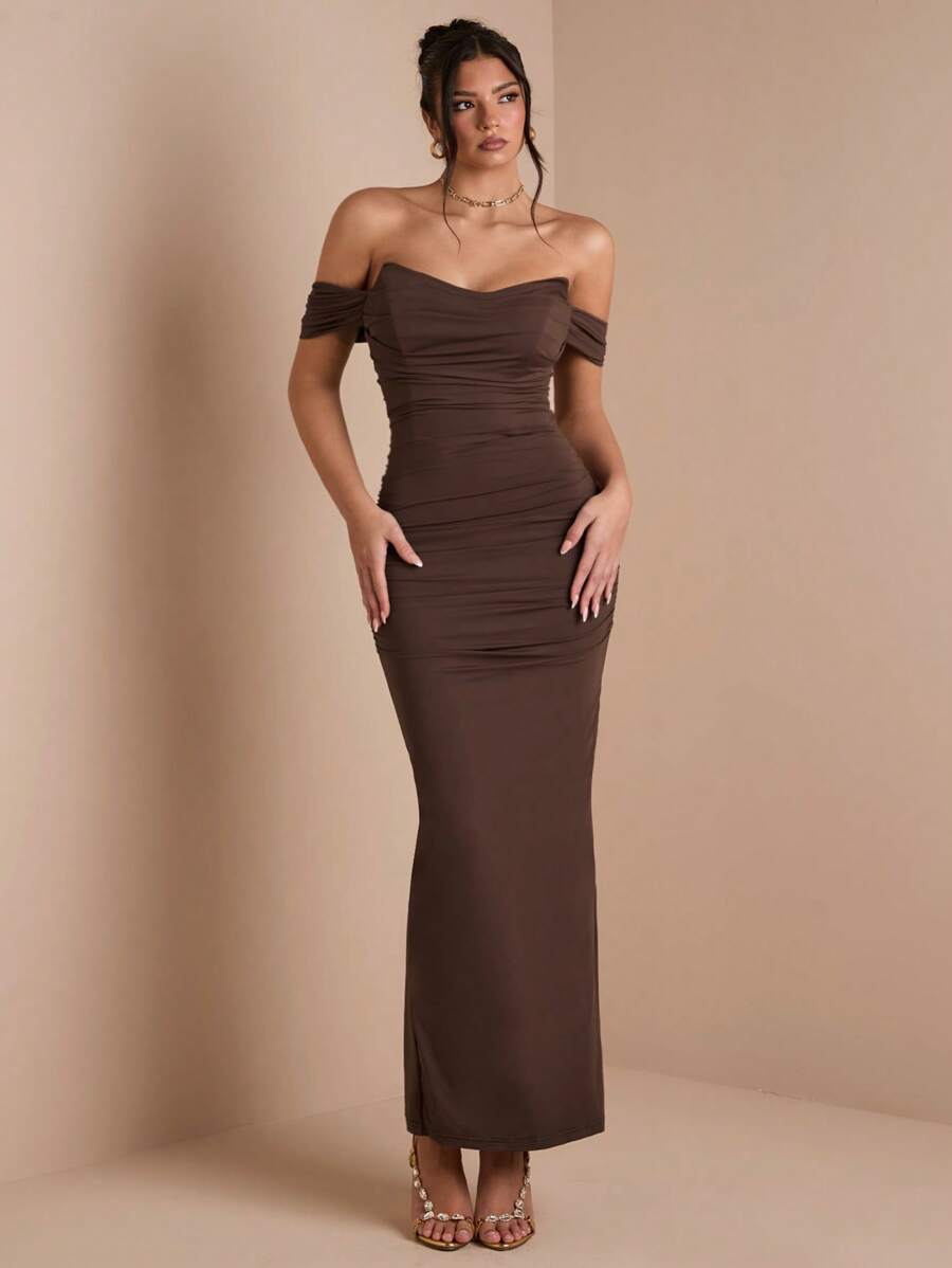 SHEIN BAE Solid Color Khaki Brown Ruched Wrap Dress With Sleeves, Suitable For Layering In Autumn/Winter, Cocktail Party, Romantic Date, Formal Gathering, Wedding Bridesmaid, Evening Out, Halloween, Christmas