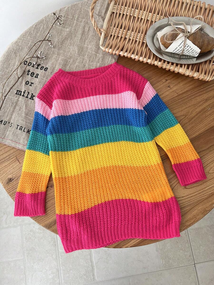 SHEIN LMoss Kids LMoss Baby Girl Colorful Stripe Long Sleeve Sweater Dress, For Autumn & Winter