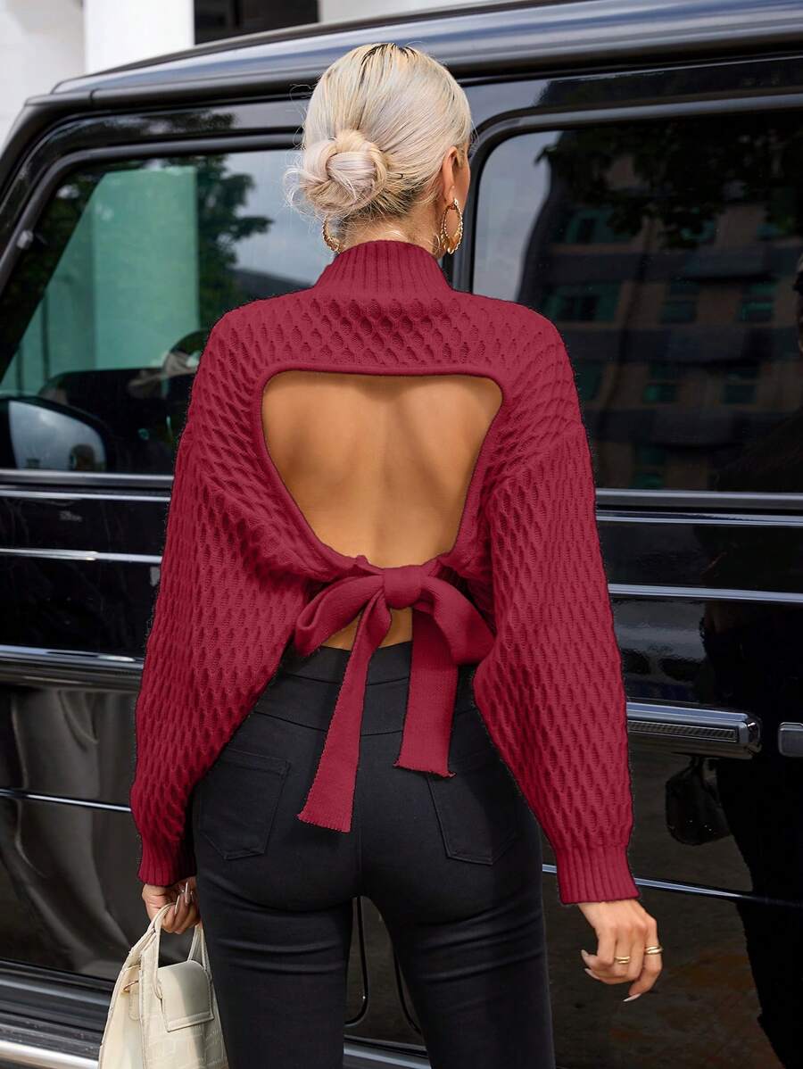 SHEIN Privé Women's Autumn/Winter Casual Backless Twist Dropped Shoulder Long Sleeve Cropped Sweater