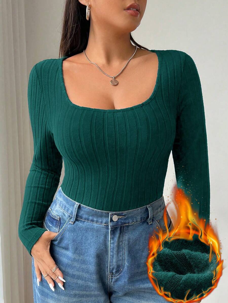 SHEIN EZwear Camiseta de manga larga con cuello cuadrado de punto elástico para mujer talla grande, cómoda para usar de forma casual, en el hogar, yoga y al aire libre