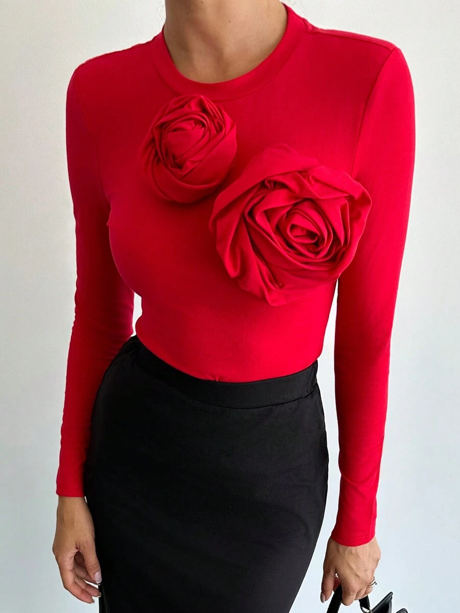 Firerie 2pcs/Set Women Solid Round Neck Long Sleeve Top With Floral Decor And Pencil Skirt