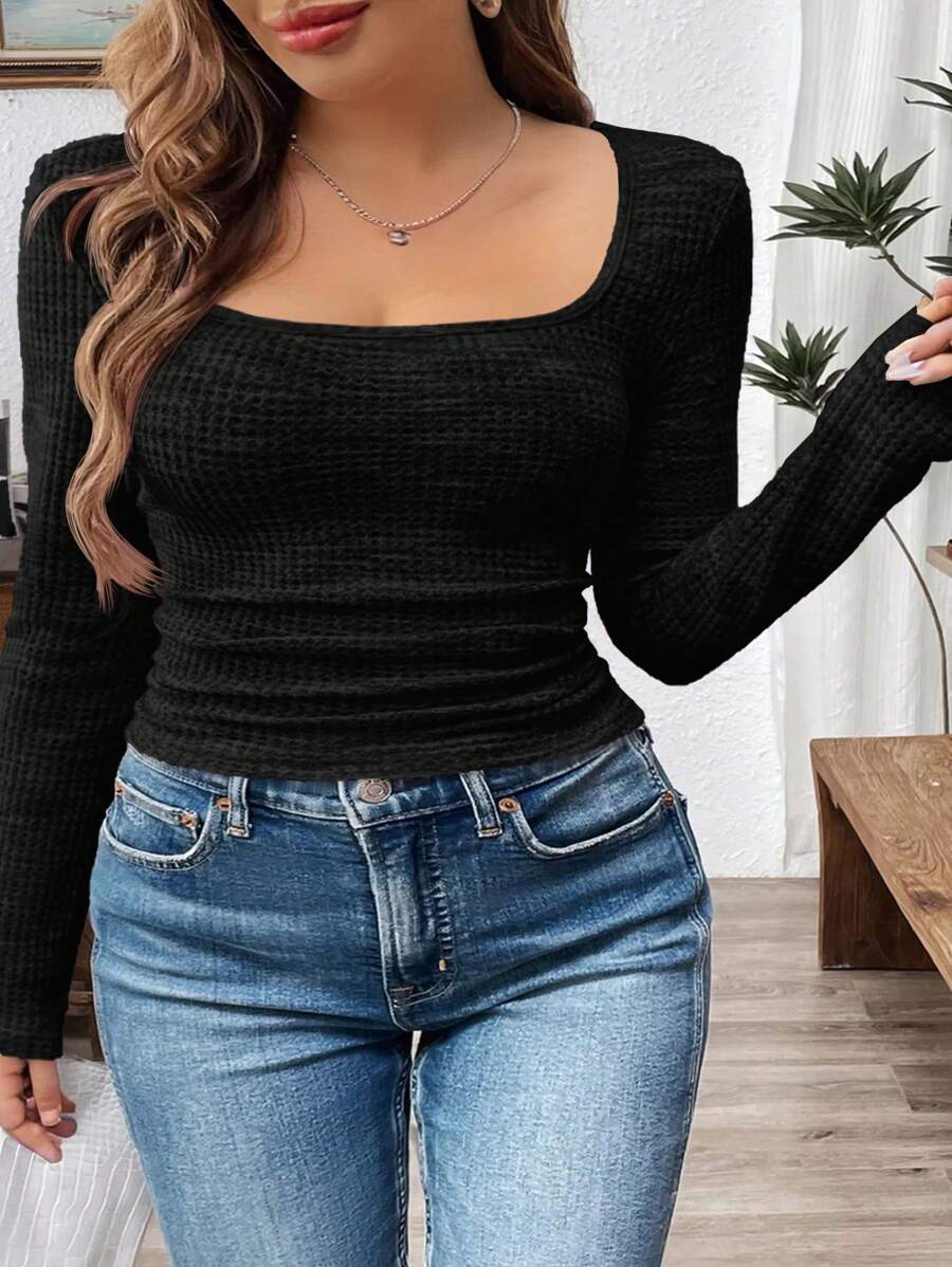 SHEIN LUNE Plus Size Autumn Casual Solid Color Square Neck Fitted Long Sleeve T-Shirt New Years Women Outfit Winter Dresses Winter Clothes Women Rave Outfits Thanksgiving Outfit Women