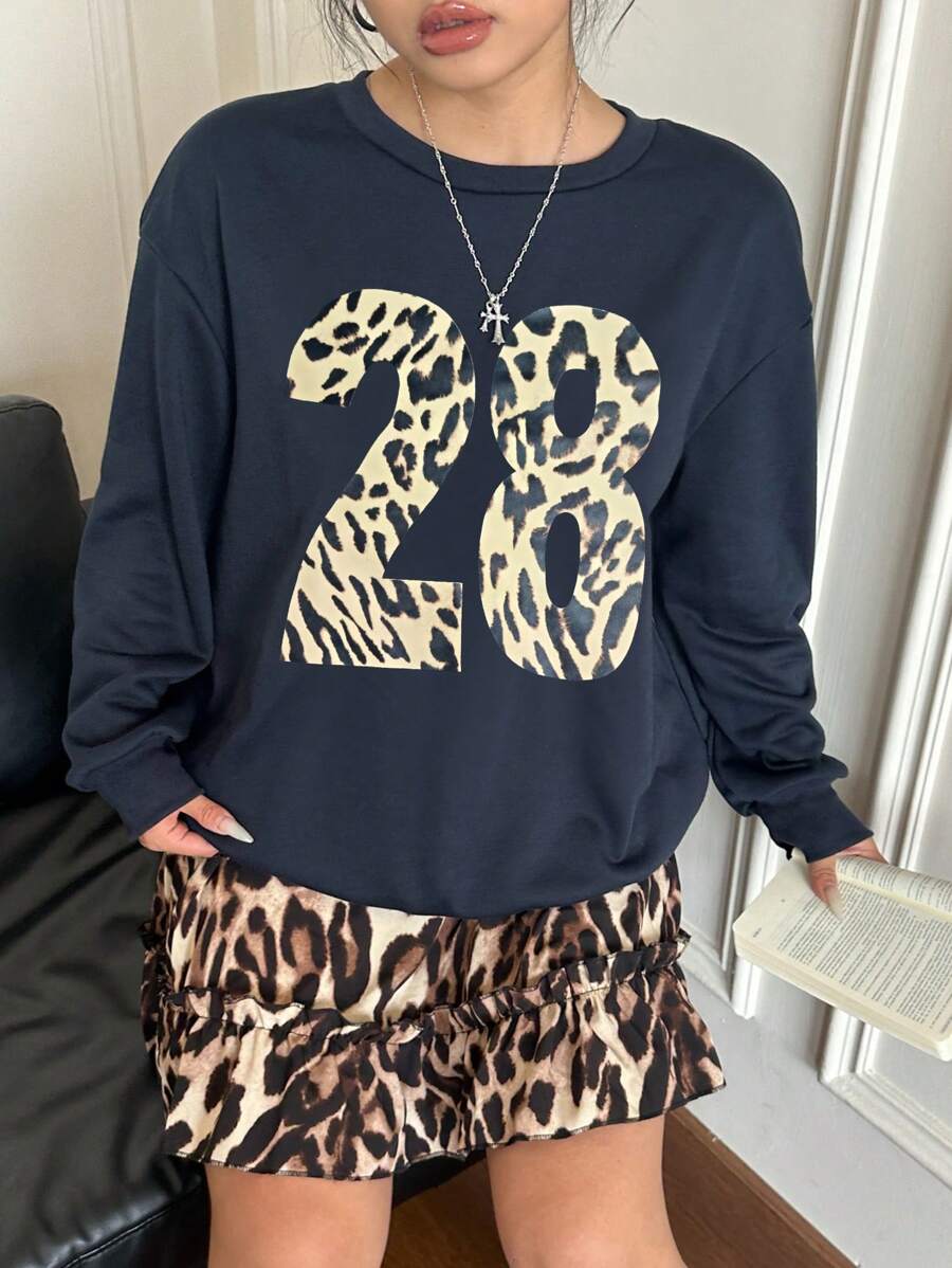 POPSWAY 2pcs/Set American Cool Girl Style Leopard Print & Digit Graphic Sweatshirt With Matching Leopard Skirt