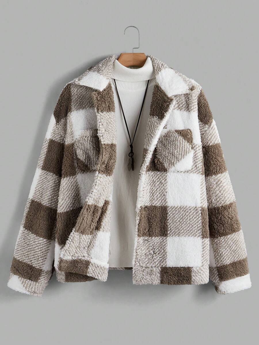 Manfinity VCAY Men Woven Fashion Daily Casual Young Plaid Long Sleeve Jacket, Going Out Fashion Warm Colorful Long Sleeve Sherpa Jacket, For Friends, Husband, Boyfriend Gifts