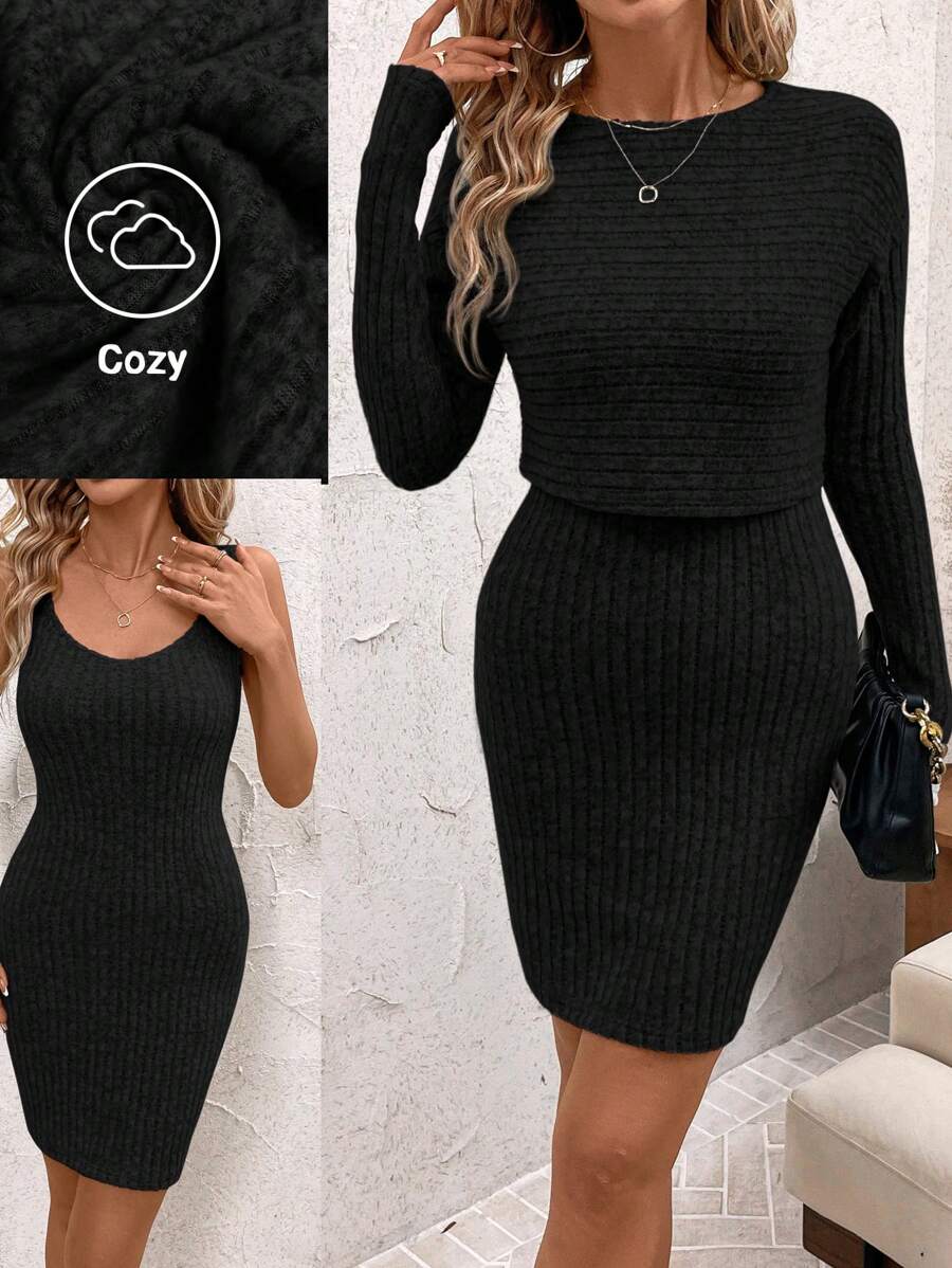 SHEIN Clasi 2pcs/Set Women Velvet Top And Dress Two-Piece Outfit, Warm And Suitable For Going Out In Multiple Occasions