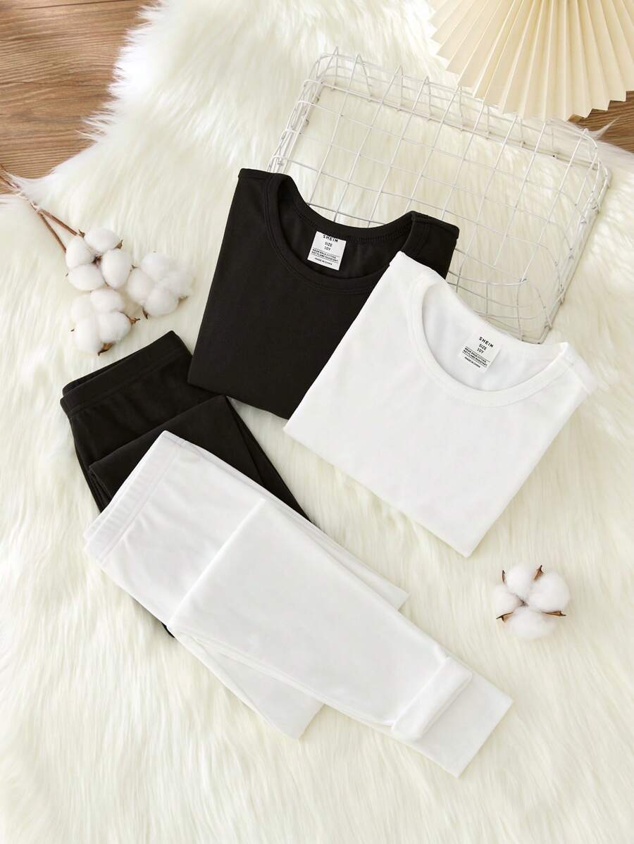 SHEIN 4Pcs Tween Girls Casual Crew Neck Long Sleeve T-Shirt And Leggings Soft Skin-Friendly Sleepwear Set