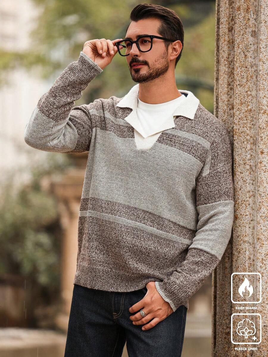 Manfinity Homme Men's Casual Loose Fit Color Block Dropped Shoulder Pullover Sweater, Autumn/Winter