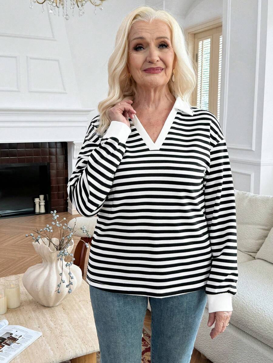 EMERY ROSE Autumn/Winter New Contrast Color Collar Loose Long Sleeve Stripe Women Sweatshirt