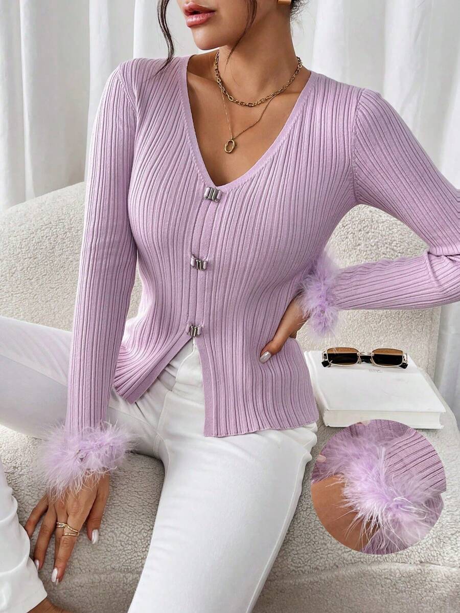 Modelyn Dames effen kleur patchwork fuzzy trim mouw mode trui, herfst/winter