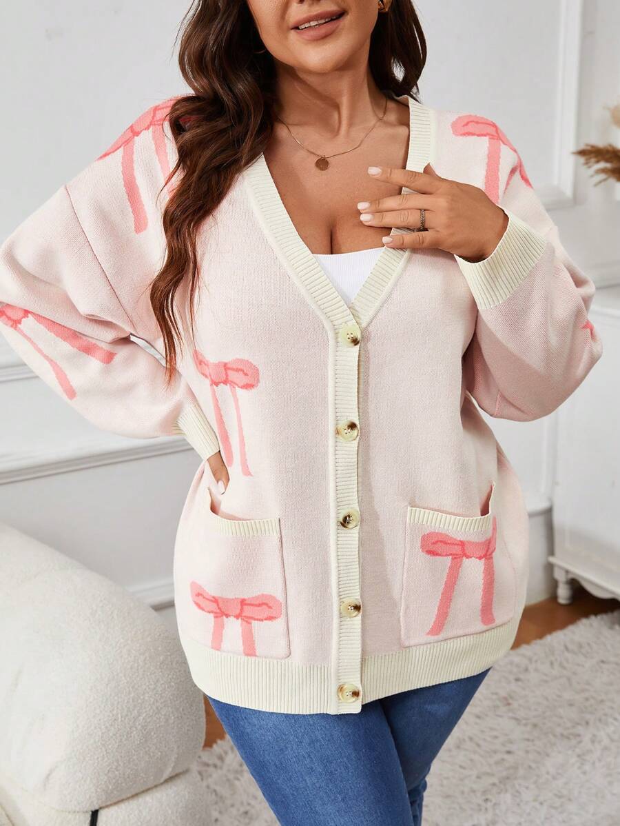 SHEIN VCAY Cárdigan informal con hombros caídos, manga larga y patrón de moño, de un solo abotonadura, para mujeres de talla grande, otoño/invierno