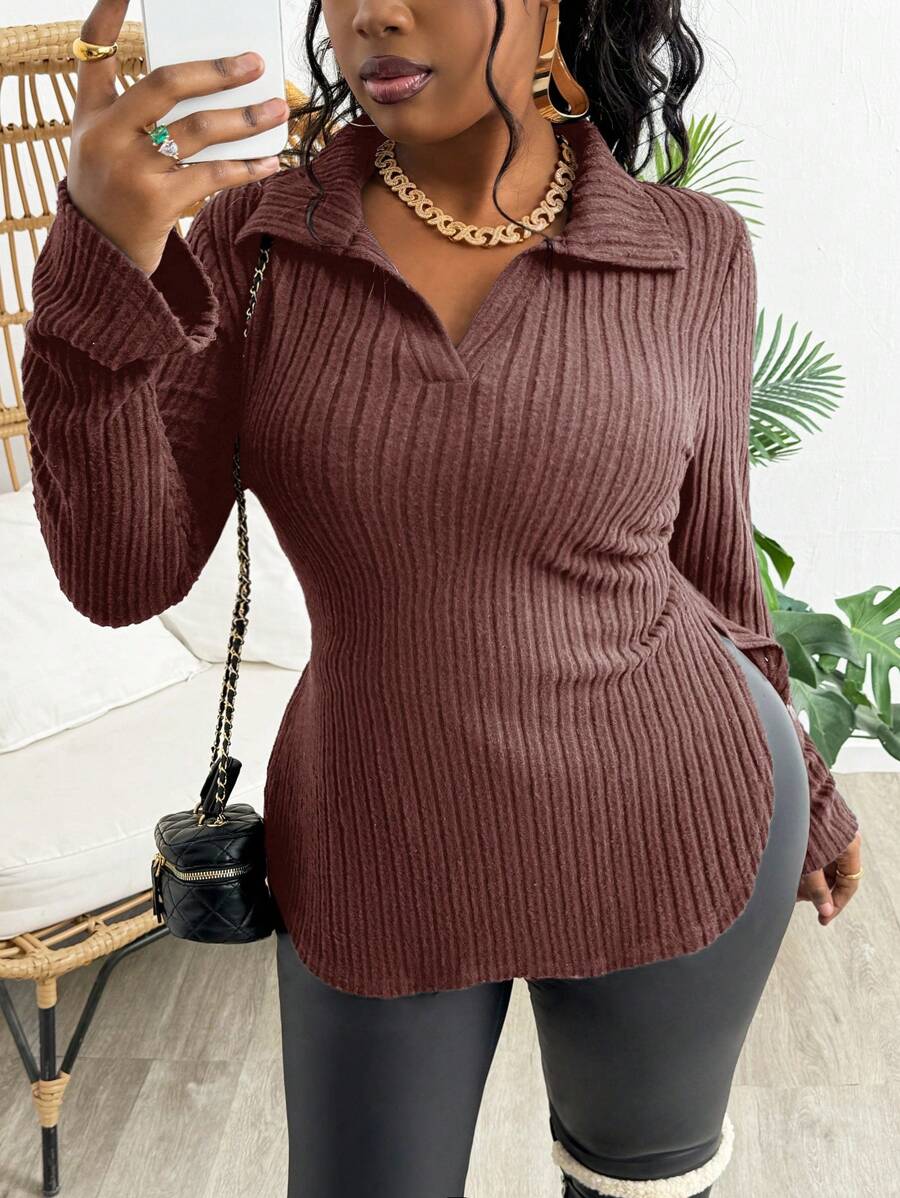 Slaydiva Plus Size Women Ribbed Collar Long Sleeve Fitted Polo Top With Faded Rose Print, Casual Basics - C