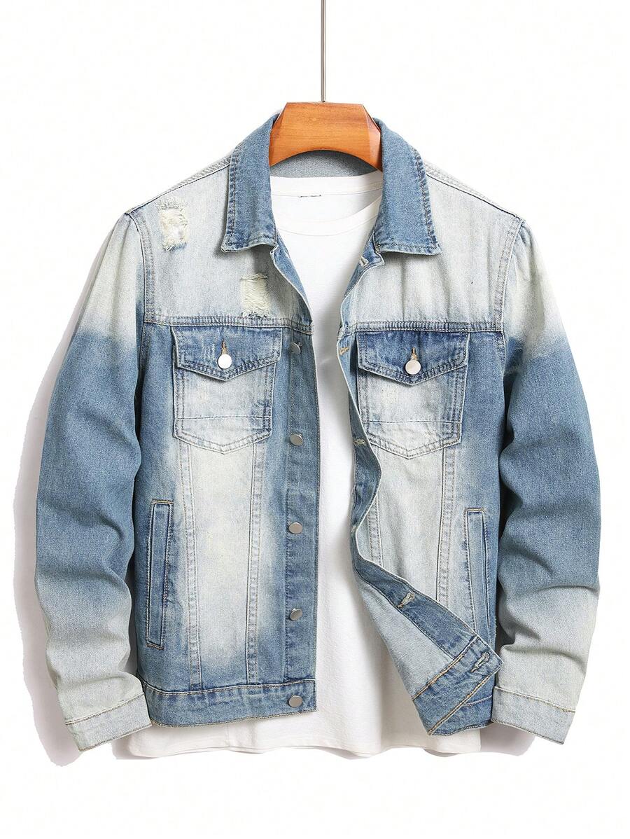 Manfinity LEGND Men's Casual Washed Button Up Denim Jacket, Suitable For Autumn Daily Outings, For Vacation
