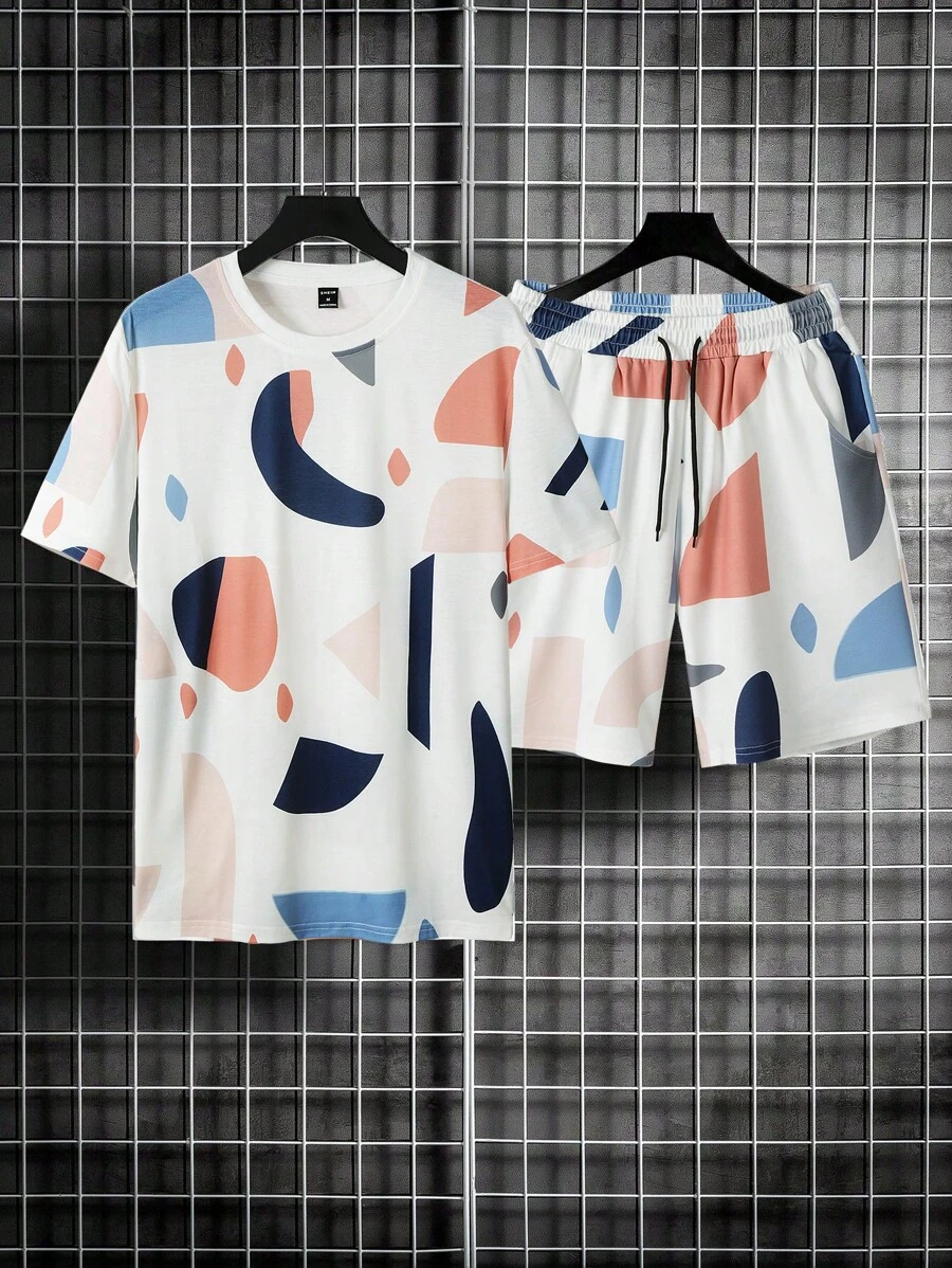 Manfinity Homme Męski, w pełni nadrukowany, krótki rękaw, T-shirt i spodenki, na wyjście, dla męża