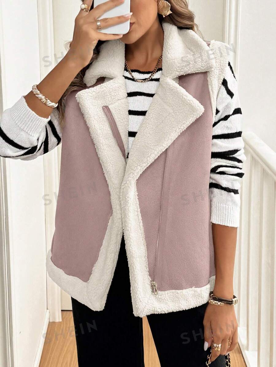 SHEIN Frenchy Chaleco con forro térmico de solapa holgado y casual con cremallera para mujer, abrigos largos de mujer de otoño e invierno para la temporada de otoño