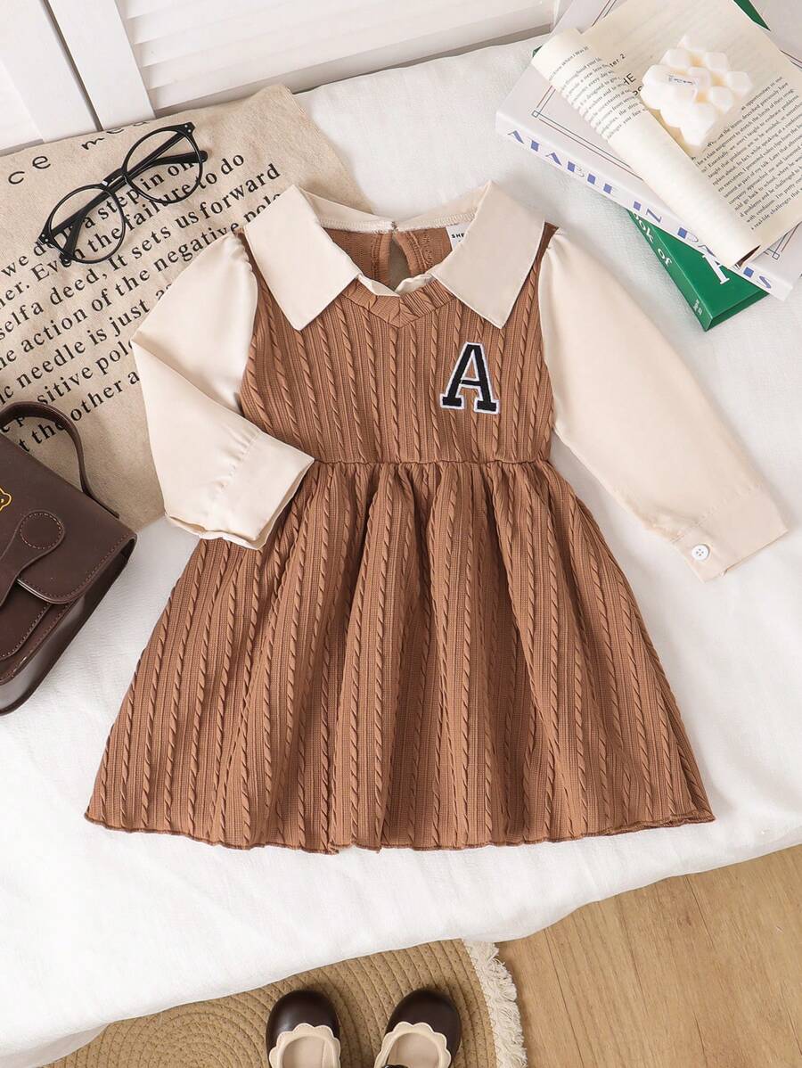 SHEIN Babygirl Lente & Herfst Casual Minimalistische Academie Stijl Kleine Kabel Brei Khaki Licht Roze Stoffen Top Met Elastische Taille Losse Rok, Buitenjurk