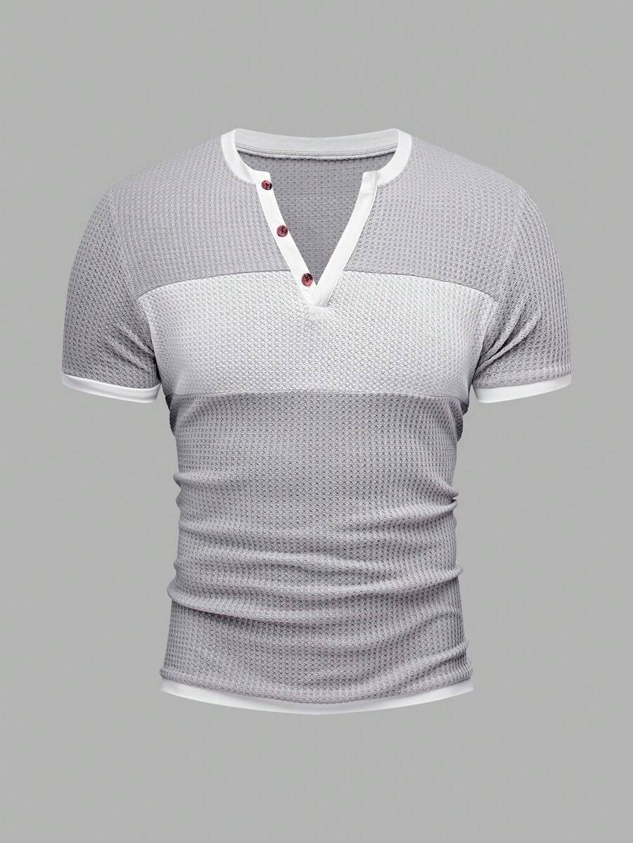Manfinity Homme Men's Contrast Color V-Neck Button Front Summer Short Sleeve Casual T-Shirt