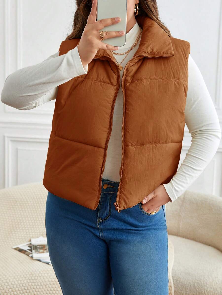 SHEIN Frenchy Plus Size Autumn/Winter Casual Warm Zip-Up Sleeveless Padded Vest