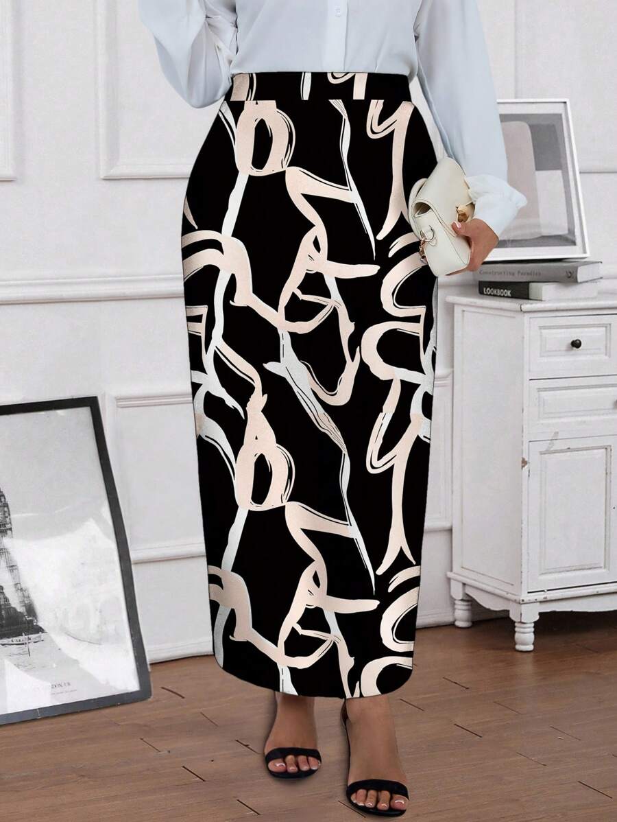 EMERY ROSE Plus Size Vrouwen Elegante All-Over Bedrukte Rechte Lange Rok, Winter Dameskleding