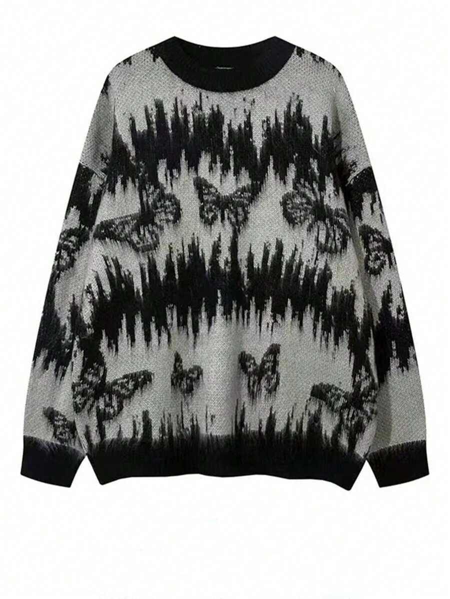Manfinity Hypemode Men's Casual Contrast Color Pattern Drop Shoulder Pullover Sweater, Autumn/Winter