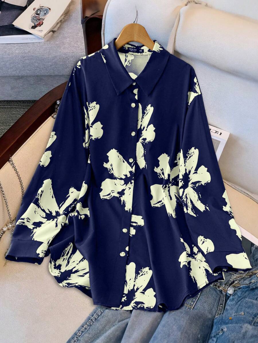 SHEIN Clasi 1pc Women Plus Size Full Open Black Base Printed Long Sleeve Shirt, Suitable For Autumn/Winter