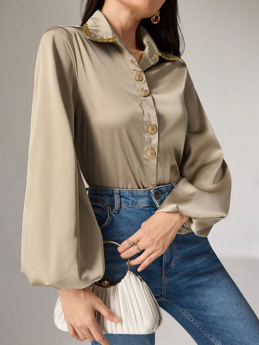 Modelyn Women's Elegant Long Sleeve Color Block Ribbon Trim Single-Breasted Shirt, Autumn