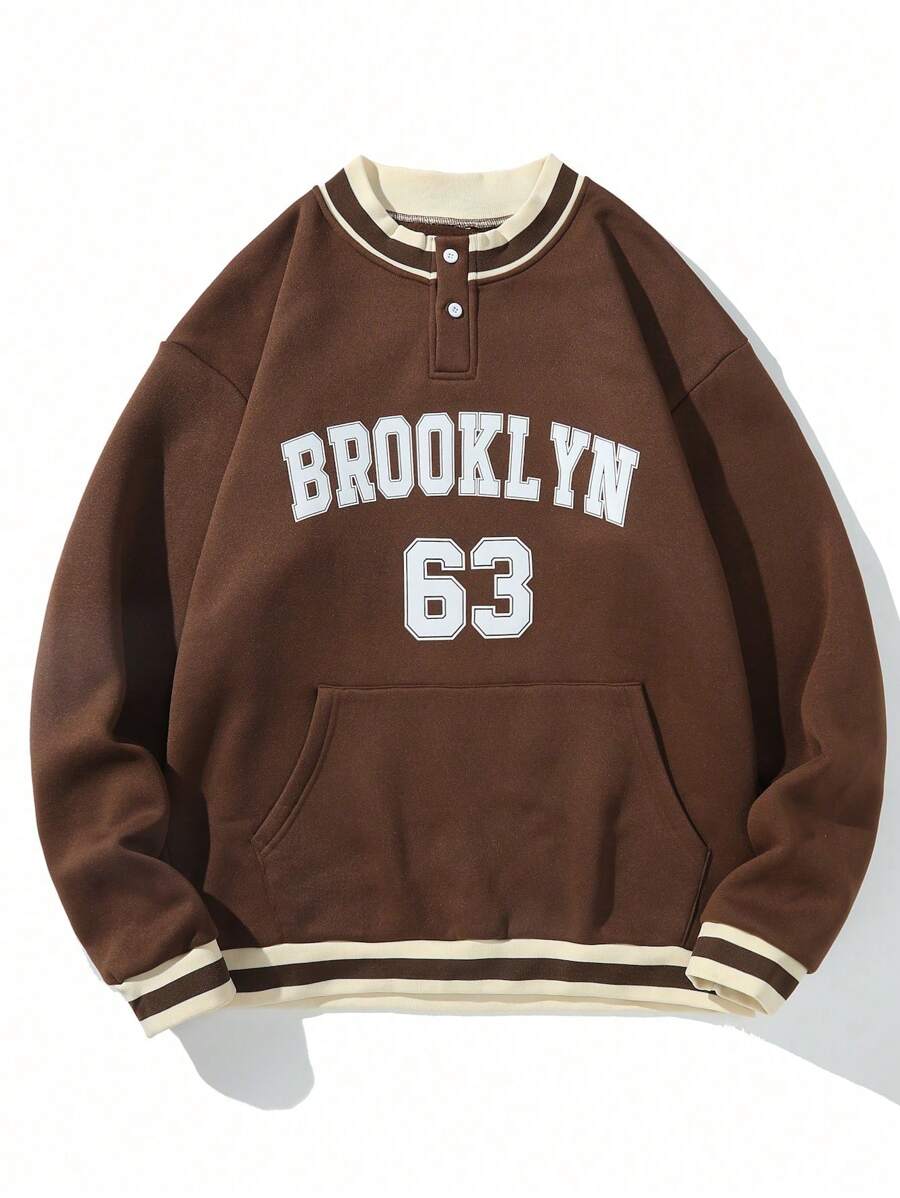 Manfinity Sporsity 1pc Men's Letter Print Pocket Round Neck Casual Versatile Long Sleeve Sweatshirt
