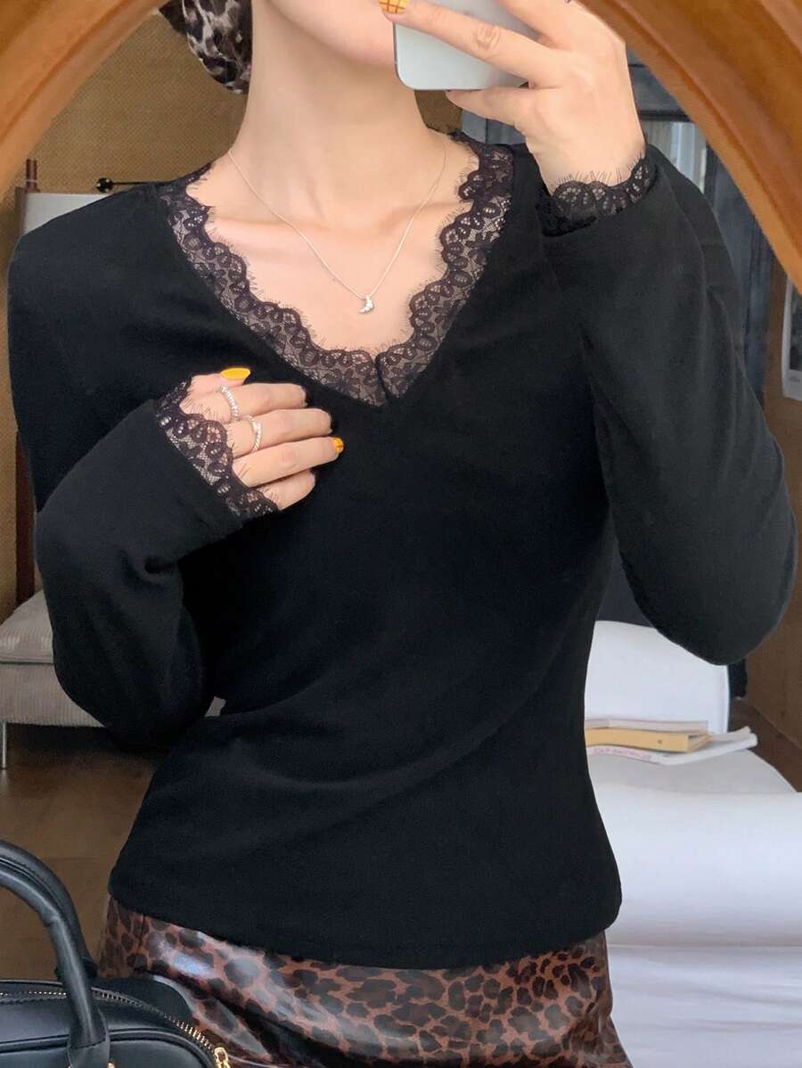 DAZY Women Casual Plain Color Lace Trim Mix Long Sleeve T-Shirt, Autumn/Winter