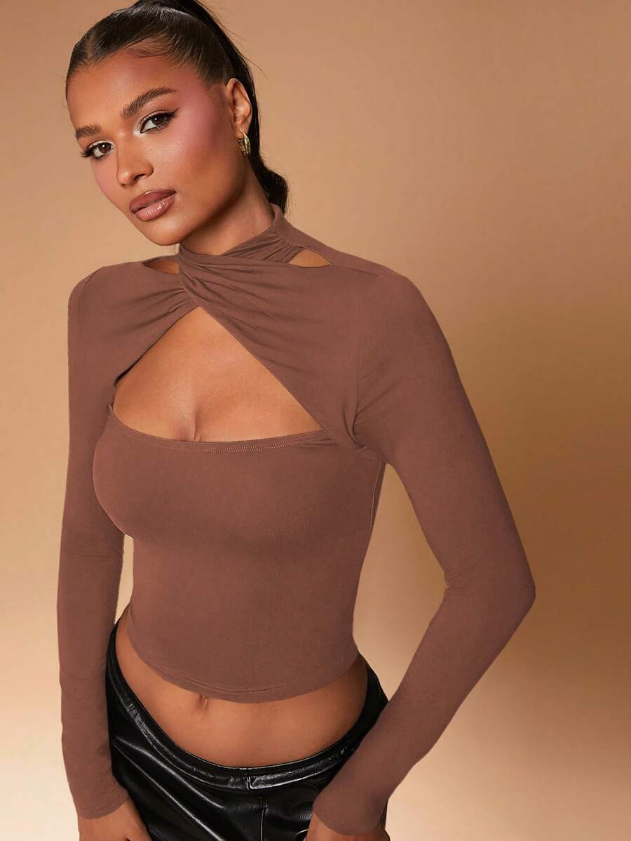 SHEIN Unity Top de manga larga con cruce en el cuello y aberturas, de jersey marrón para otoño