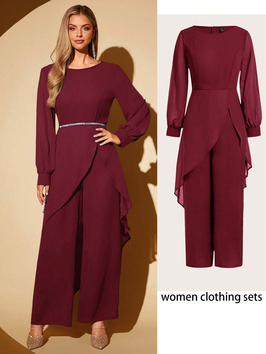 SHEIN Clasi 2pcs/Set Women Elegant Round Neck Asymmetric Lantern Sleeve & Wide Leg Pants Women Clothes Set