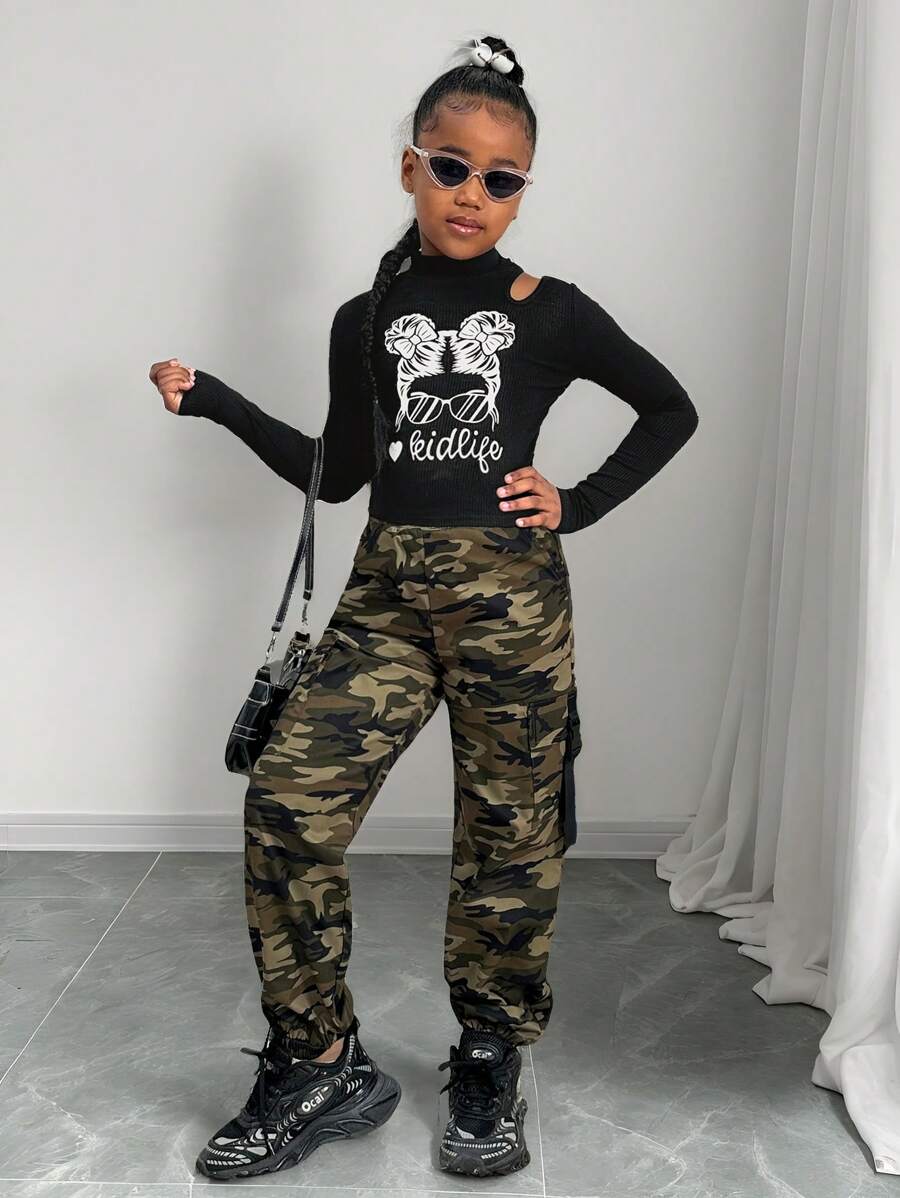 Slaydiva Conjunto de top de cuello redondo de punto de manga larga casual y pantalones jogger de camuflaje para niñas preadolescentes en Navidad