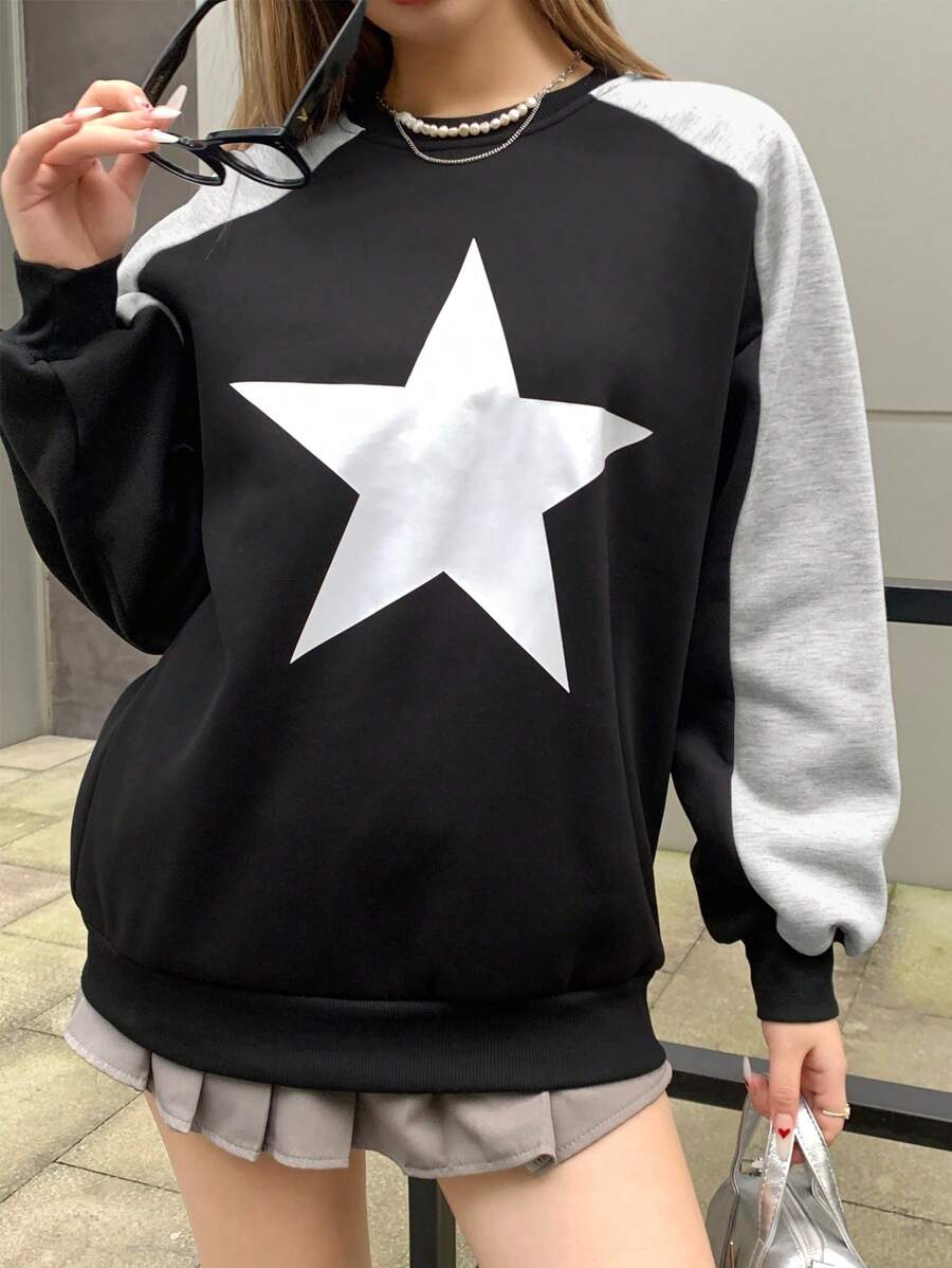 INAWLY Women Autumn/Winter Casual Colorblock Star Print Sweatshirt