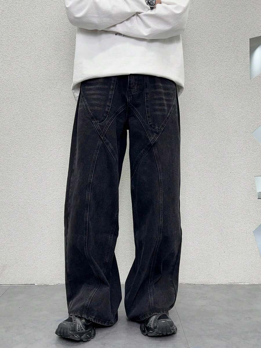 Manfinity Hypemode Heren Loose Relaxed Fit Wide Leg Pocket Baggy Denim Jeans, Casual All-Match Dark Jeans Lange Effen Zwarte Washed Jeans, Voor Echtgenoot, Vriendje Geschenken