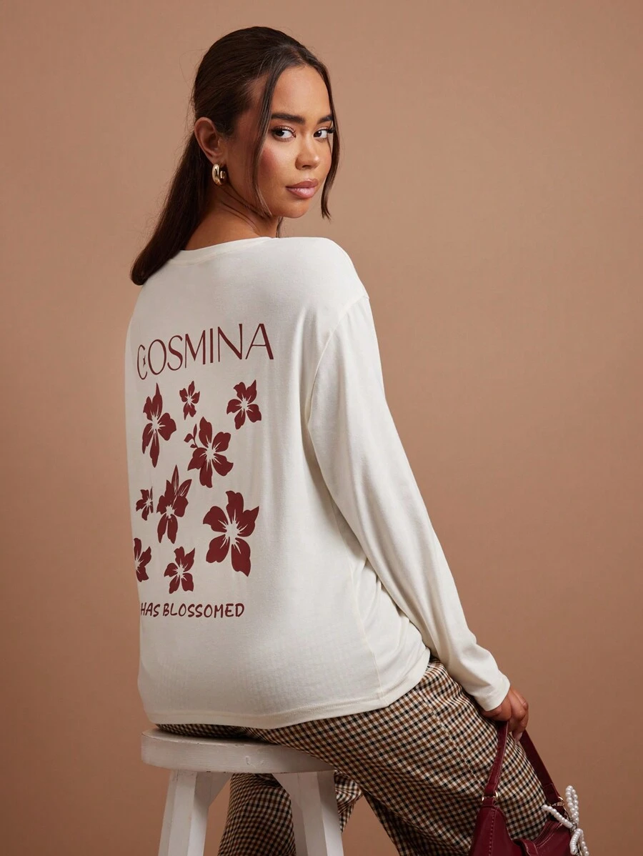 COSMINA Graphic Print Casual Loose Fit Long Sleeve Women T-Shirt