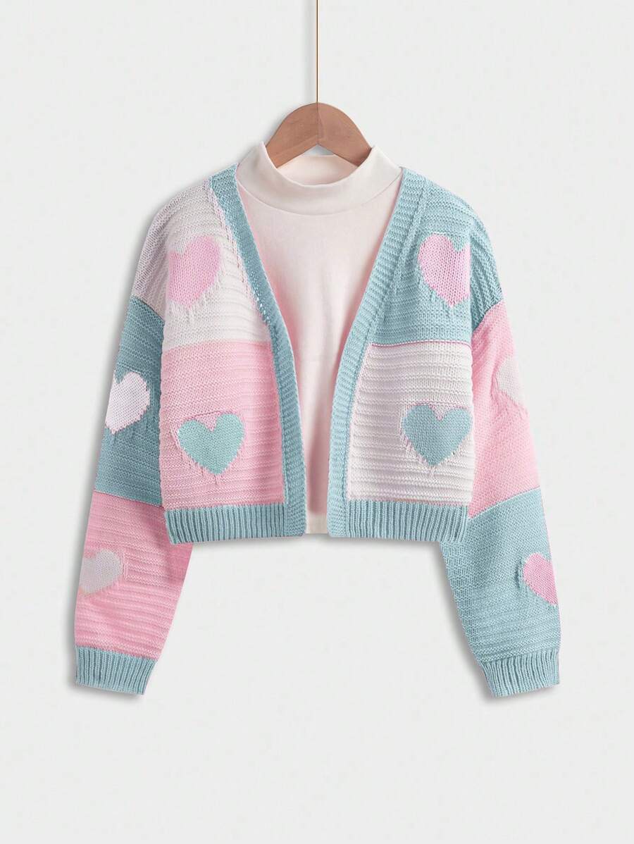 SHEIN Parte superior de manga larga con bloque de color y detalles gráficos de corazón, estilo minimalista para niña preadolescente