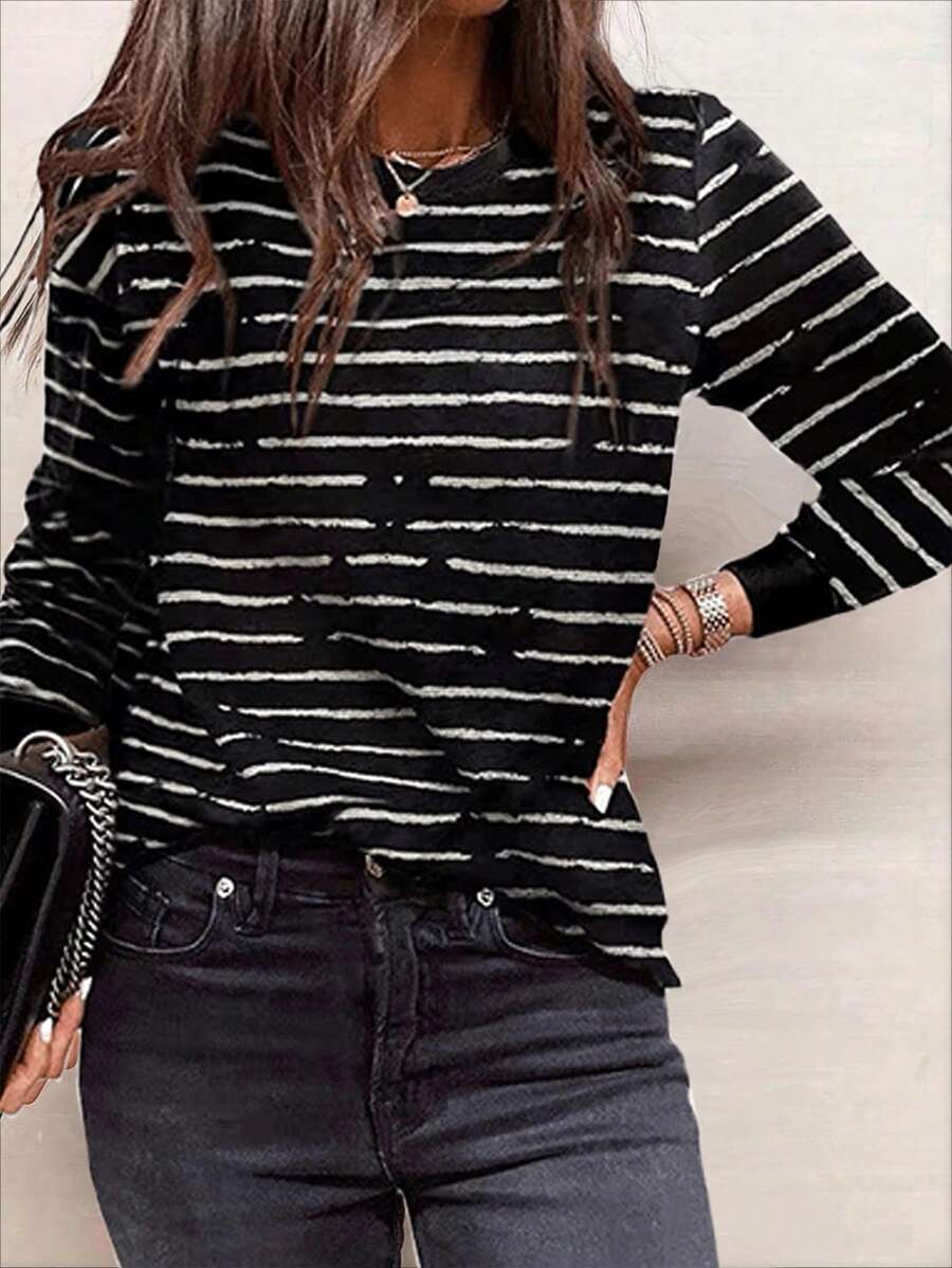 Calvaya T-shirt à manches longues col rond imprimé tout-sur-femmes casual, hauts graphiques d'automne pour femmes pour tenue de printemps