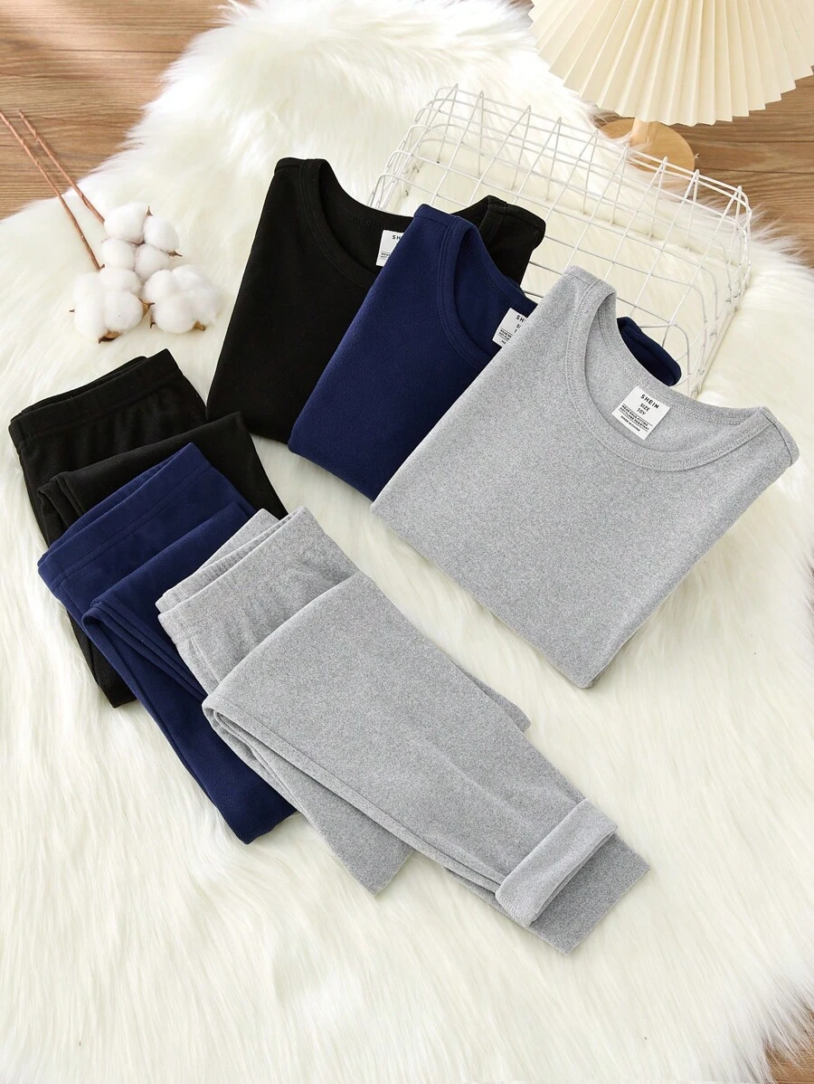 SHEIN 6pcs/Set Tween Boys' Letter Graphic Round Neck Long Sleeve T-Shirt And Slim Fit Trousers Soft And Comfortable Base Layer Homewear Set